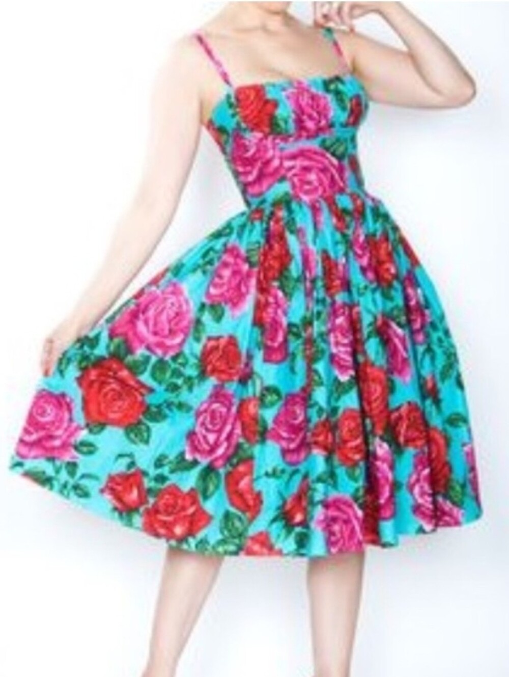 Bernie Dexter Paris Style Red And Pink Large Rose Print Swing Dress Size M